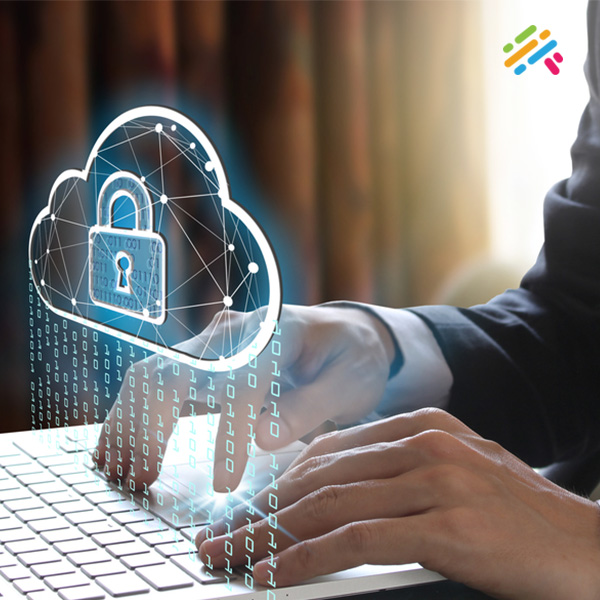A close-up of hands typing on a laptop keyboard with a glowing digital padlock and cloud-security icon overlaid on the image, representing data privacy protection.