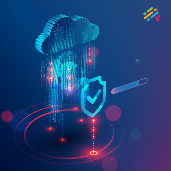 A digital illustration of a translucent cloud made of streaming binary code, with a glowing blue security shield and checkmark beneath it.